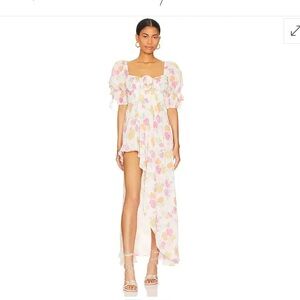 for love and lemons stella maxi dress FOR LOVE & LEMONS Stella Metallic Dots Floral Choker Ruffles Slit Maxi Dress  S